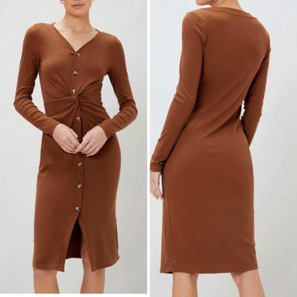 Viscose Cotton Front Twist Knot Ribbed Dress Brown. - Picture 2 of 8